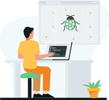 uomo debug con il computer portatile vettore