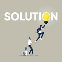un gruppo di professionisti aziendali raggiunge lampadine incandescenti, concetto di soluzione, cooperazione e lavoro di squadra, soluzioni e risoluzione dei problemi vettore