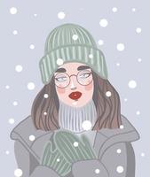 ritratto invernale di giovane bella donna che indossa cappotto, cappello e guanti vettore