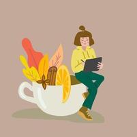 illustrazione in stile cartone animato di una donna seduta su una tazza di tè e che utilizza tablet con stilo vettore