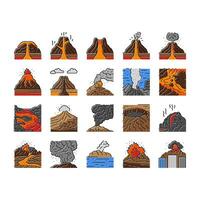 vulcano lava eruzione natura icone impostato vettore