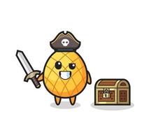 il personaggio pirata ananas che impugna la spada accanto a una scatola del tesoro vettore