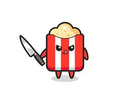 simpatica mascotte popcorn come psicopatico con in mano un coltello vettore