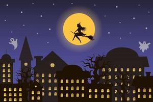 città di notte di halloween con la strega che vola contro la luna. vettore