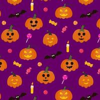 modello di halloween senza soluzione di continuità con zucche, caramelle, pipistrello e candela. vettore