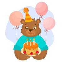 orsacchiotto con cappello da festa, torta di compleanno alla fragola e palloncini vettore