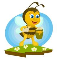 piccola ape che sorvola il campo con un secchio di miele vettore