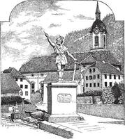 statua di William raccontare nel Altdorf, uri, Vintage ▾ incisione. vettore