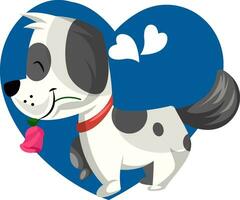 nero e bianca cane Tenere un' rosa rosa nel il suo bocca vettore illustrazione nel blu cuore su bianca sfondo.