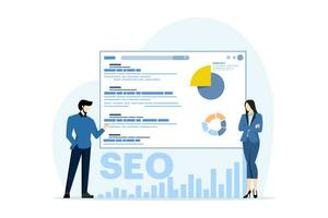 SEO analisi concetto. superiore classifica. il SEO ottimizzazione grafico è crescente e il grande freccia è puntamento verso l'alto. prestazione marketing, analitica e ricerca motore classifiche. vettore illustrazione.