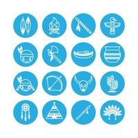 set di icone grafica vettoriale di nativi americani. icona in stile blu e bianco.