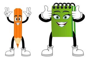 simpatici personaggi di blocco note matita mascotte felice in piedi insieme e salutando con espressione allegra vettore