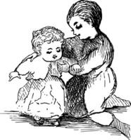 bambino essere vestito di sua madre nel Questo immagine Vintage ▾ incisione. vettore