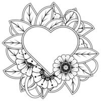 fiore mehndi con cornice a forma di cuore. decorazione in etnico orientale, ornamento scarabocchio. vettore