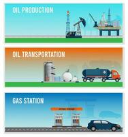 petrolio industria segmenti orizzontale banner impostato con olio produzione, trasporto, e gas stazione. vettore illustrazione eps 10