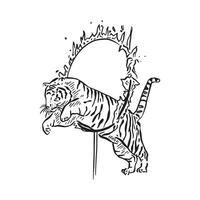 un' linea disegnato tigre salto attraverso un' fuoco cerchio, prese ispirazione a partire dal vecchio scuola circo arti. mano disegnato su procreare. vettore