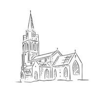 un' linea disegnato illustrazione di il facciata di un' Britannico Chiesa nel nero e bianca. mano disegnato nel un' abbozzato stile su procreare utilizzando un Mela matita. vettore