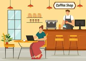 caffè negozio vettore illustrazione con interno e mobilia adatto per manifesto o annuncio pubblicitario nel piatto cartone animato sfondo design