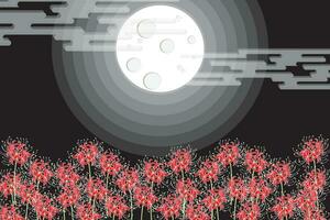 illustrazione astratto di rosso ragno giglio fiore con pieno Luna su nero sfondo. vettore