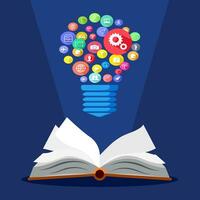 Aperto il libro e idea bulb.book di idee. vettore illustrazione