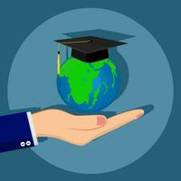 globale e la laurea berretto nel mano. globale attività commerciale studia. all'estero educativo. vettore illustrazione