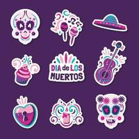 collezione di adesivi icona dia de los muertos vettore