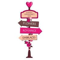 un' strada cartello con frecce per San Valentino giorno. romantico pointer con fioritura Rose con iscrizioni su il frecce contento San Valentino giorno, abbracci, fiori, romanza. illustrato vettore clipart.