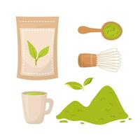 matcha tè. impostato di tè matcha polvere, tè foglie, frusta, cucchiaio, tazza. utensili per giapponese matcha tè cerimonia. vettore