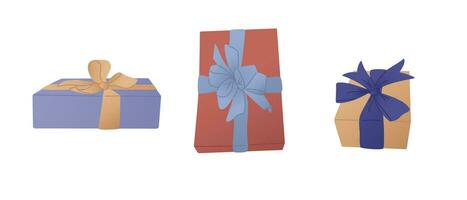 mano disegnato piatto regalo scatole con nastri. regali per compleanno, Natale, nozze, anniversario. vettore isolato illustrazione su bianca sfondo. bene per etichetta, stampare, modello