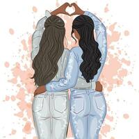 Due ragazze amici sorella amici con lungo capelli abbracciare amicizia giorno Stampa San Valentino vettore