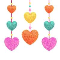 illustrazione vettoriale colorato di elementi decorativi con pon-pon a forma di cuore appeso alle corde come ghirlanda con perline isolato su sfondo bianco. arredamento per il design di San Valentino.