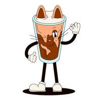 Groovy bevanda gatto personaggio nel forma di ghiacciato freddo infuso caffè. personaggio con orecchie e barba nel cartone animato stile. vettore illustrazione isolato su un' bianca sfondo.