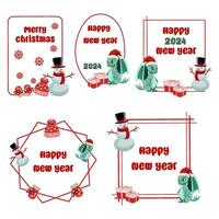 allegro Natale e contento nuovo anno saluto carta con carino cartone animato pupazzo di neve, Drago e regalo scatole vettore