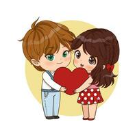 San Valentino giorno con carino coppia cartone animato nel amore, ragazza e ragazzo Tenere rosso cuore insieme vettore illustrazione