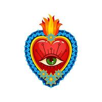 messicano sacro cuore con occhio, fuoco e fiori vettore