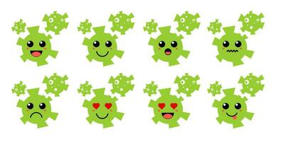 impostato di carino cartone animato colorato verde virus con diverso emozioni. divertente emozioni personaggio collezione per bambini. fantasia personaggi. vettore illustrazioni, cartone animato piatto stile
