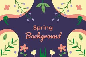 primavera sfondo. include fiori, foglie, rami, testo e astratto forme. piatto colore vettore illustrazione.