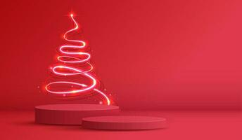 podio forma per mostrare cosmetico Prodotto Schermo per Natale giorno o nuovo anni. In piedi Prodotto vetrina su rosso sfondo con albero Natale, d'oro palla e luce. vettore design.