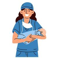 un' ostetrica o un' medico con un' neonato. un' donna infermiera, medico o ostetrica sorrisi nel un' blu uniforme, in piedi Tenere un' neonato ragazzo nel sua braccia nel un' maternità ospedale vettore illustrazione. bambino