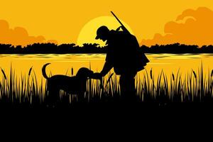 vettore illustrazione di anatra cacciatore su fiume nel silhouette stile