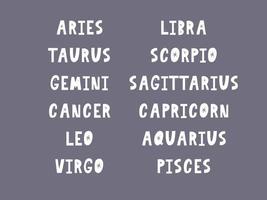 segno di vettore dell'iscrizione dello zodiaco. illustrazione del testo di astrologia dei cartoni animati. set di icone scritte a mano oroscopo.