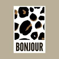 testo decorativo bonjour ciao slogan con sfondo di pelle di leopardo vettore