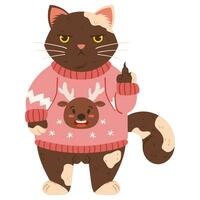 un' scontento gatto sta nel un' Natale maglione e Spettacoli il suo mezzo dito. scontroso soffice gatto è un' Marrone colorato indossare un' rosa maglione e un' disegno di un' gioviale renna su esso. vettore