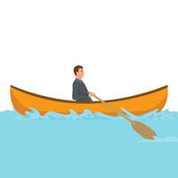 giovane uomo d'affari paddling nel il fiume barca. canottaggio il barca solo. vettore