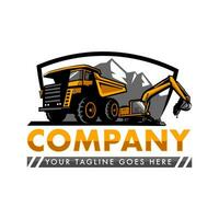 scavatrice e cumulo di rifiuti camion logo design per costruzione azienda, pesante attrezzatura opera, mezzi di trasporto veicolo estrazione vettore