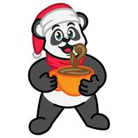 panda nel un' Santa Claus cappello e sciarpa con un' tazza di caldo cioccolato vettore