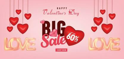 San Valentino giorno super vendita ragnatela bandiera o inviare con cuori sfondo. sconto promozione, e shopping modello. contento San Valentino giorno concetto con grande vendita intestazione sospeso cuori modello vettore