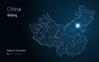 Cina lucido carta geografica con un' capitale di Pechino mostrato nel un' microchip modello con processore. e-governo. mondo paesi vettore mappe. microchip serie