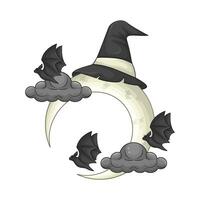 cappello strega nel Luna, nube con pipistrello volare illustrazione vettore