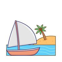 barca nel spiaggia con palma albero illustrazione vettore
